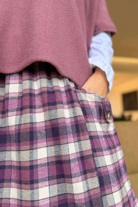 Roberta Plaid Brushed Cotton Balloon Hem Skirt Aubergine
